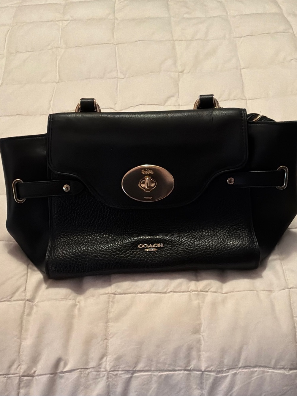 Coach Black Blake Flap Carryall Leather Turnlock Satchel with Pebbled Front